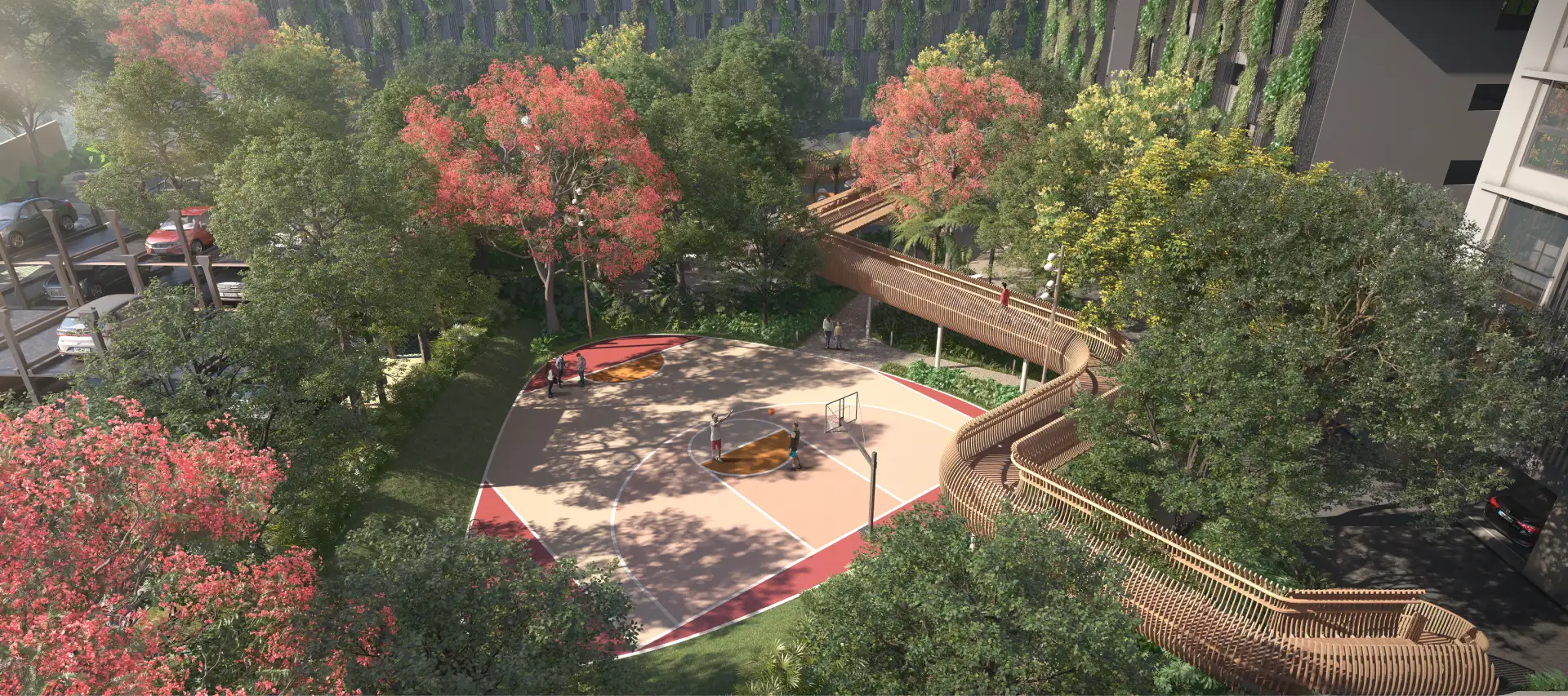 Half basketball court with treetop view at Crown