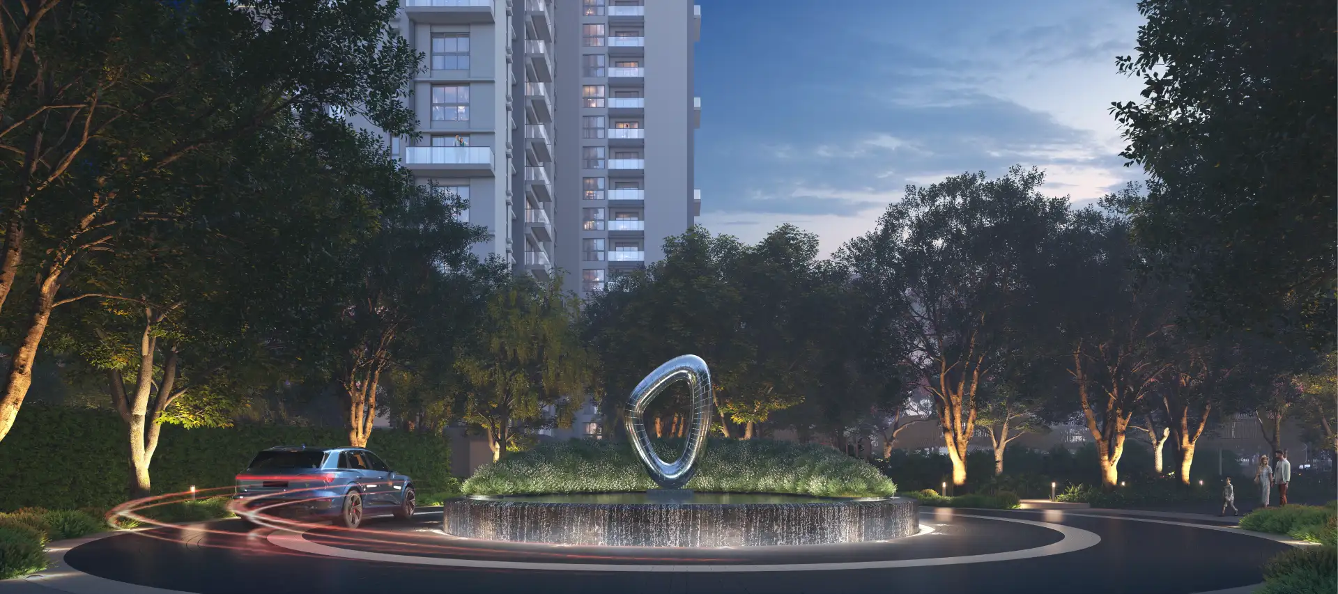 Roundabout view during twilight at Crown